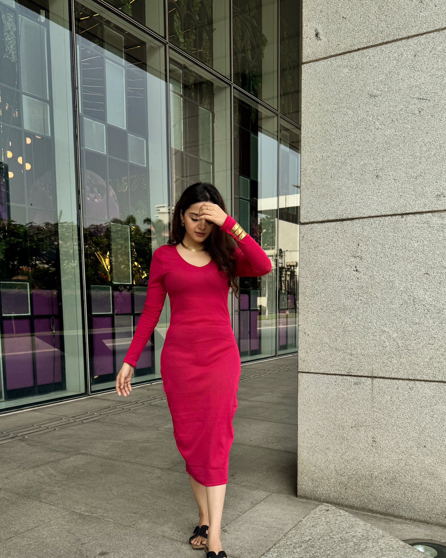 Hot Pink Full Sleeves Bodycon Dress