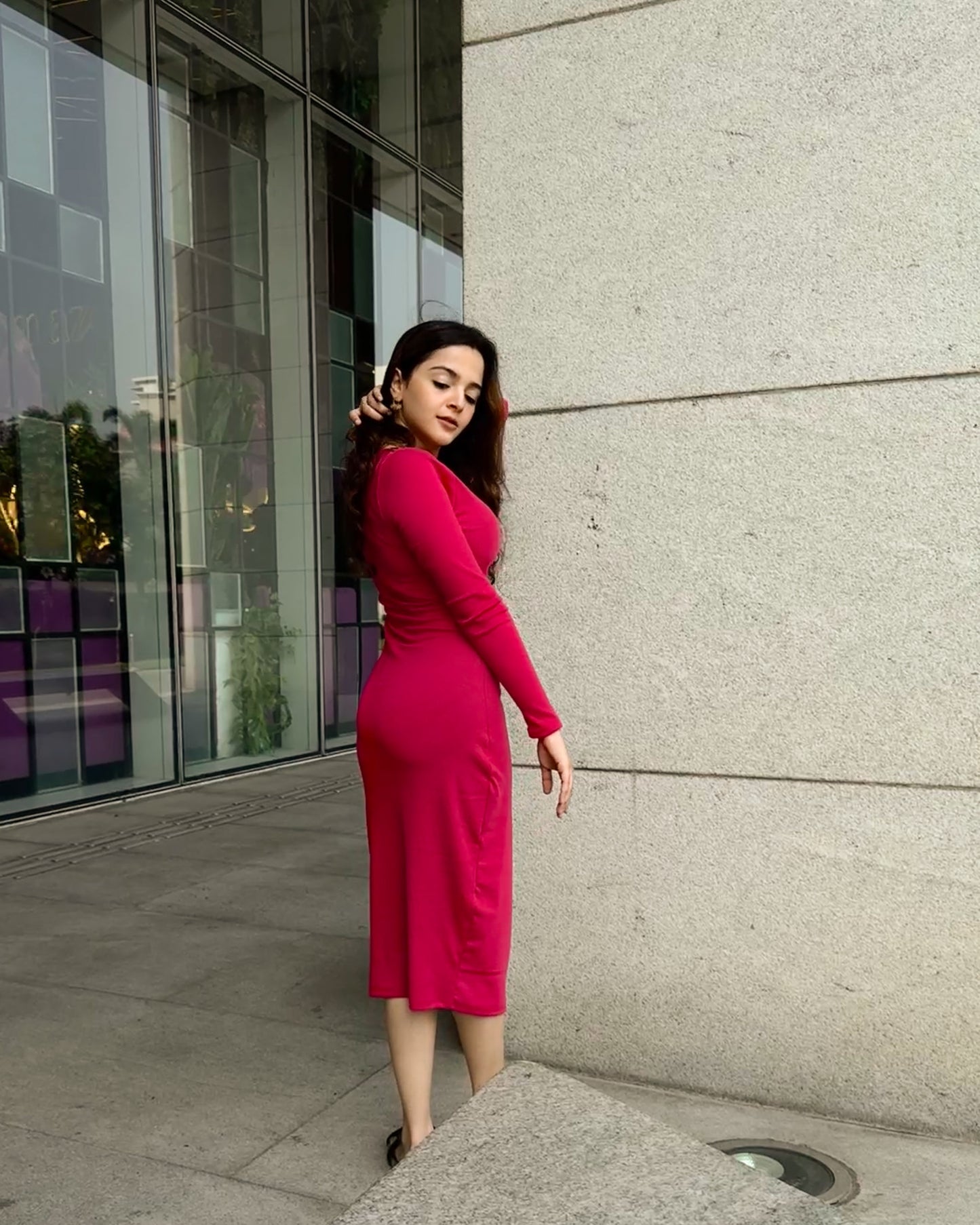 Hot Pink Full Sleeves Bodycon Dress