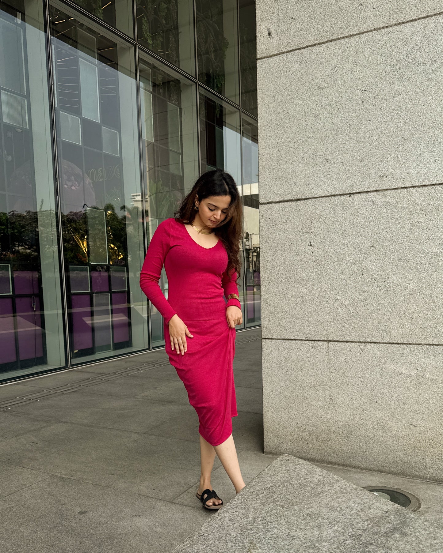 Hot Pink Full Sleeves Bodycon Dress