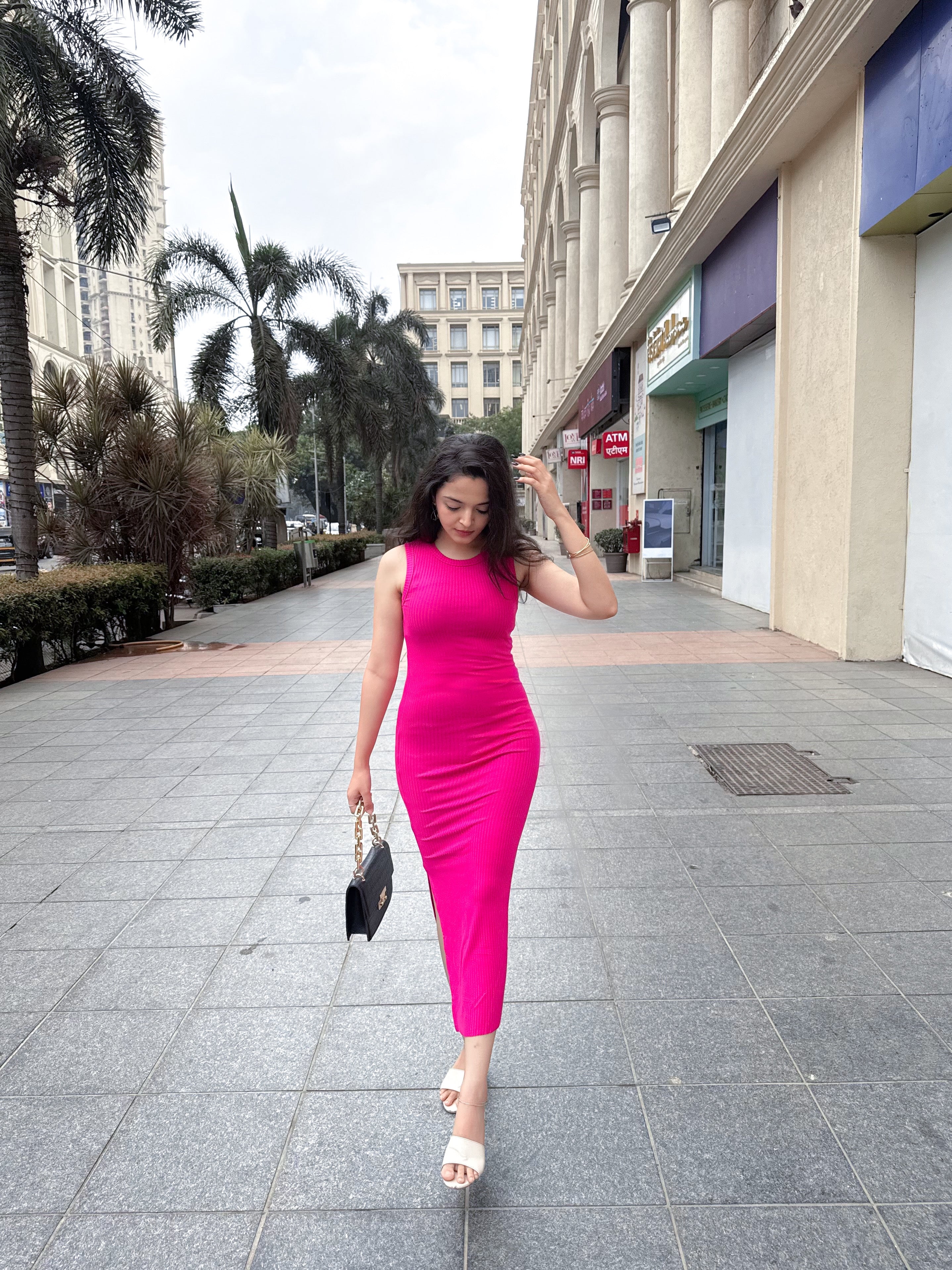 Hot Pink Bodycon Dress with Slit Livin outifts