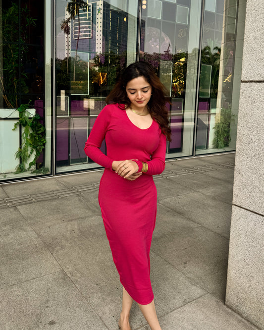 Hot Pink Full Sleeves Bodycon Dress